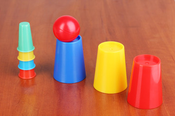 Magician set on wooden background