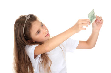 beautiful little girl with dollar, isolated on white
