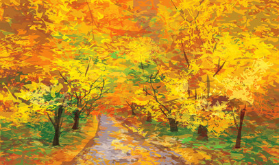 Vector of autumnal landscape, pathway in park.