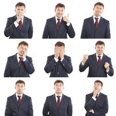 businessman face expressions composite isolated on white backgro