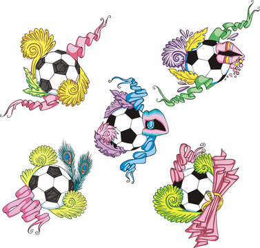 Stylized soccer balls with ribbons
