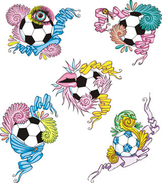 Stylized soccer balls with ribbons
