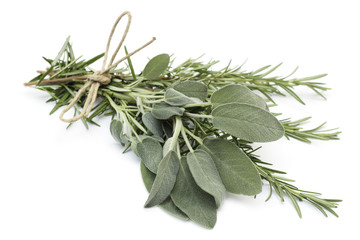 tied twigs of sage and rosemary