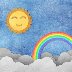Grunge paper texture cute sun and rainbow