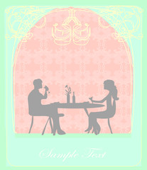 Young couple flirt and drink champagne - invitation card