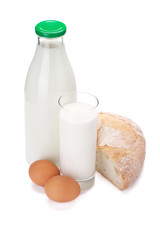 Milk bottle, glass, eggs and bread