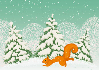 Running squirrel in the winter forest