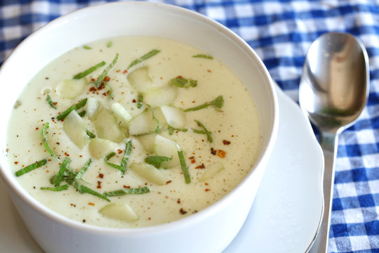 Chilled And Creamy Cucumber Gazpacho With Mint And Chili Flakes