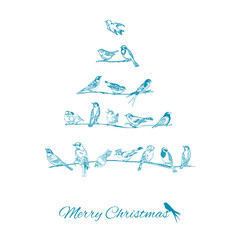 Christmas Card-Birds on Christmas Tree-for invitation in vector