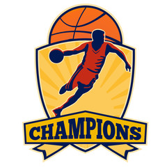 Basketball Player Dribbling Ball Shield Retro