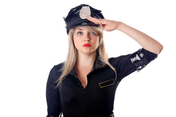 Woman police isolated on white