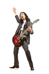 Fototapeta premium Businessman playing the guitar on white