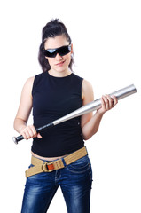 Woman criminal with bat on white