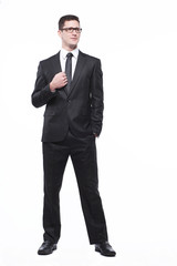 Businessman in black suit on white.