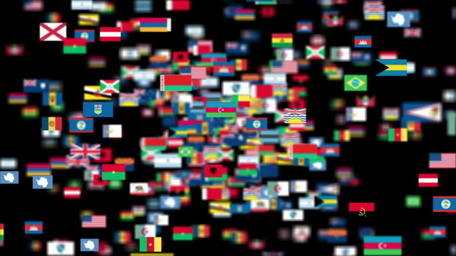 Flags of the World flying towards the camera, DOF, Alpha