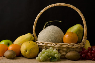 group fruits in dark background