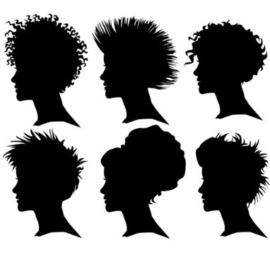 vector set of woman silhouette with extreme hair styling