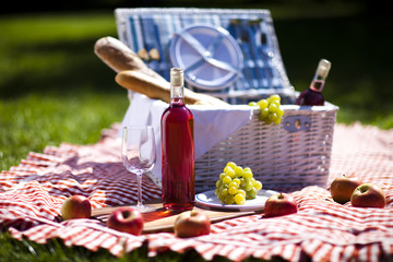 Picnic basket on green lawn
