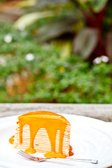 Thai tea crepe cake in the garden