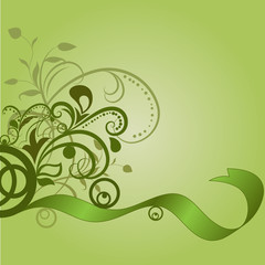 Green floral background with wavy ribbon.