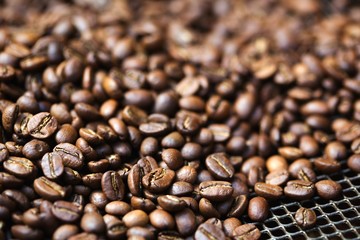 Fresh roasted coffee on metal net