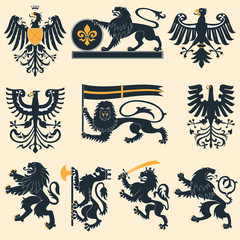 Obraz premium Heraldic lions and eagles set