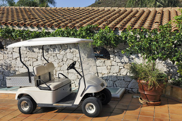 Golf cart used for luggage delivery parked at hotel entry