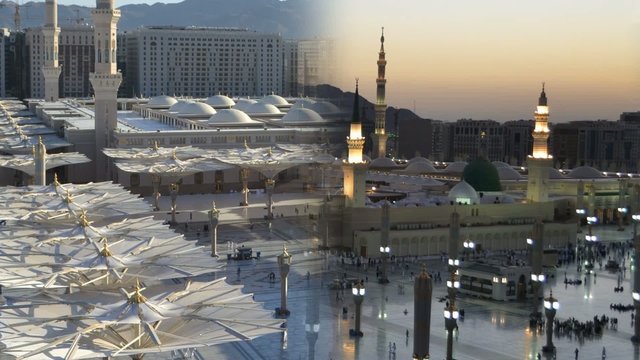 Prophet's Mosque minarets and umbrellas time lapse