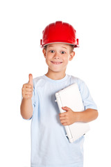 little boy with note and in hard hat
