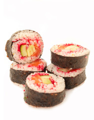 rolls with shrimp, salmon and red masago isolated on white