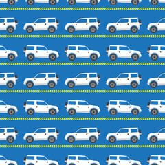 seamless pattern with white automobiles on a blue background