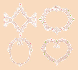 four cute frames with hearts and leaves on a beige background
