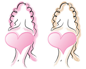 Female upper torsos with a pink hearts at chest level