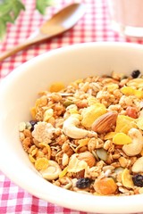 Healthy breakfast  nut, seed and dried fruit granola cereal