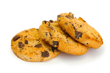 Chocolate chips cookies isolated on white.