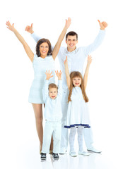 Obraz premium Happy family smiling. Isolated over a white background