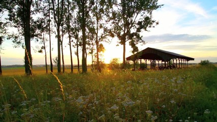 Colorful sunset over an old barn