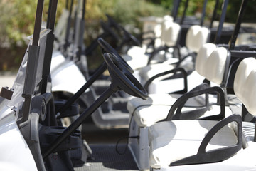 Fototapeta na wymiar Liczba wózki golfowe na polu golfowym