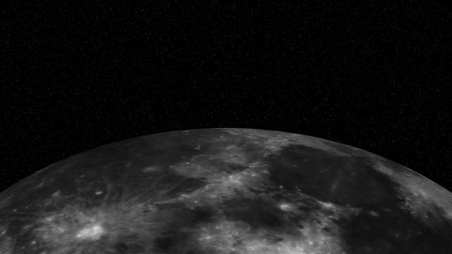 Fly over Moon with stars and comets in the background.