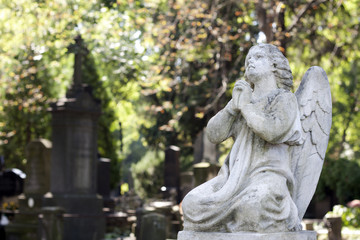 Statue of ancient angel on cemetery in Warsaw