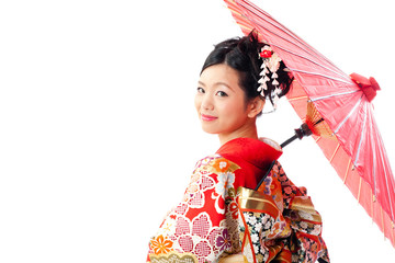 japanese kimono woman with red umbrella