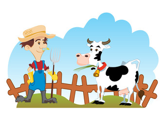 Scène de campagne avec fermier et vache