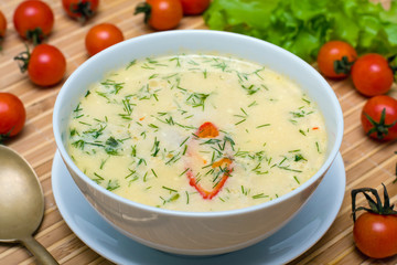 Cream soup with chicken broth with vegetables