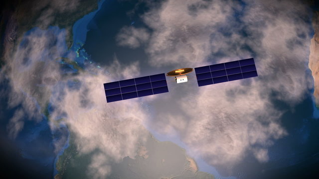 Communication satellite, orbiting over the earth atmosphere.