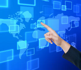 Hand pushing button on a touch screen interface