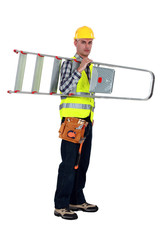 A handyman carrying a ladder.