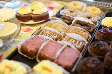 Assorted mini cakes and cupcakes at a bakery.