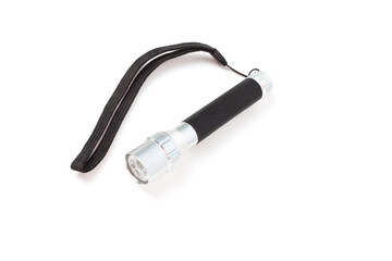 Black metal flashlight with a strap on white