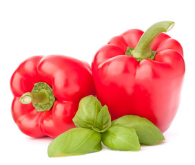 Sweet red pepper and basil leaves still life
