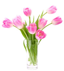 Pink tulips bouquet in vase isolated on white background